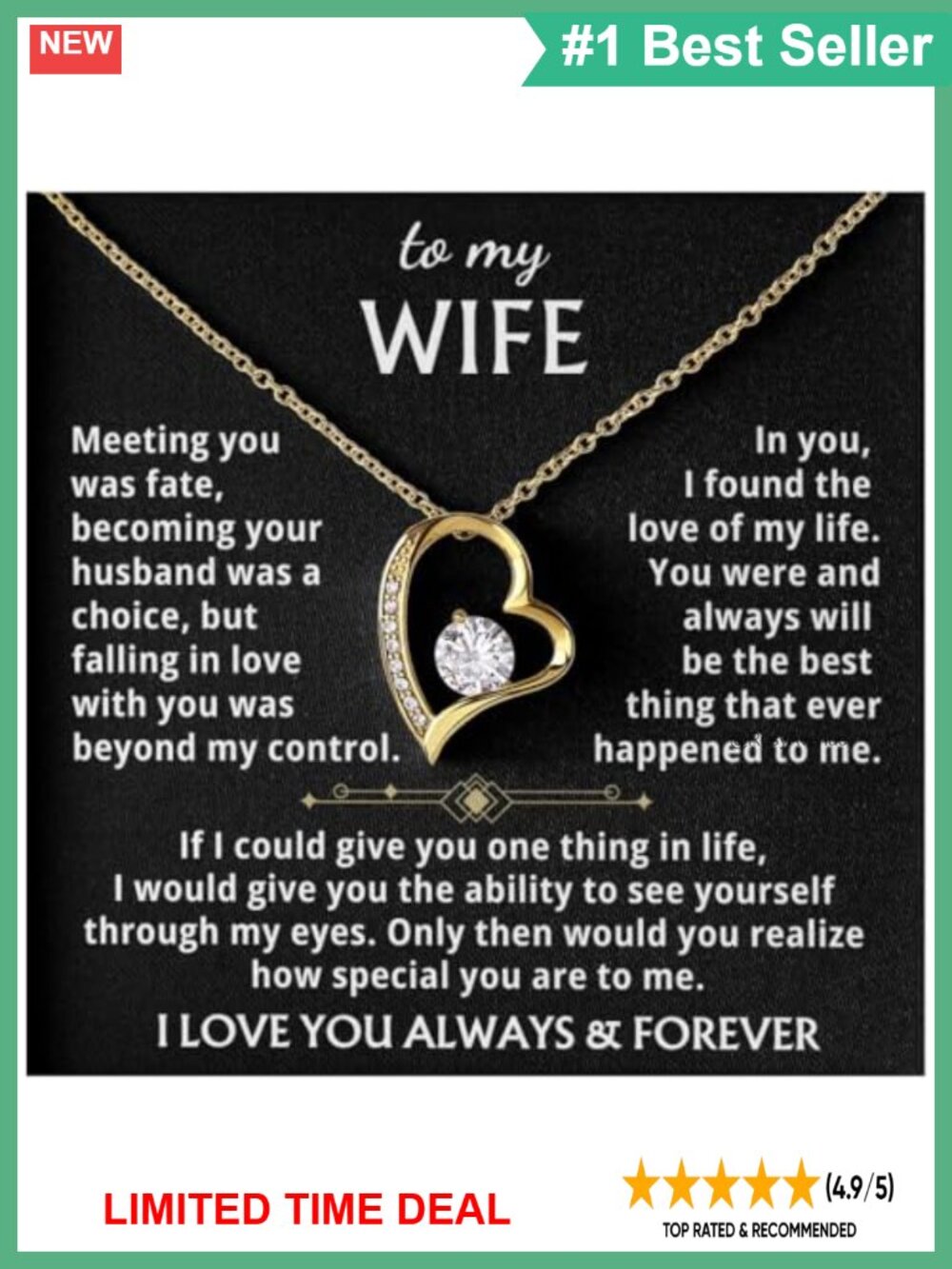 Forever Love Necklace 14K White Gold Finish Cubic Zirconia Heart Pendant Gift